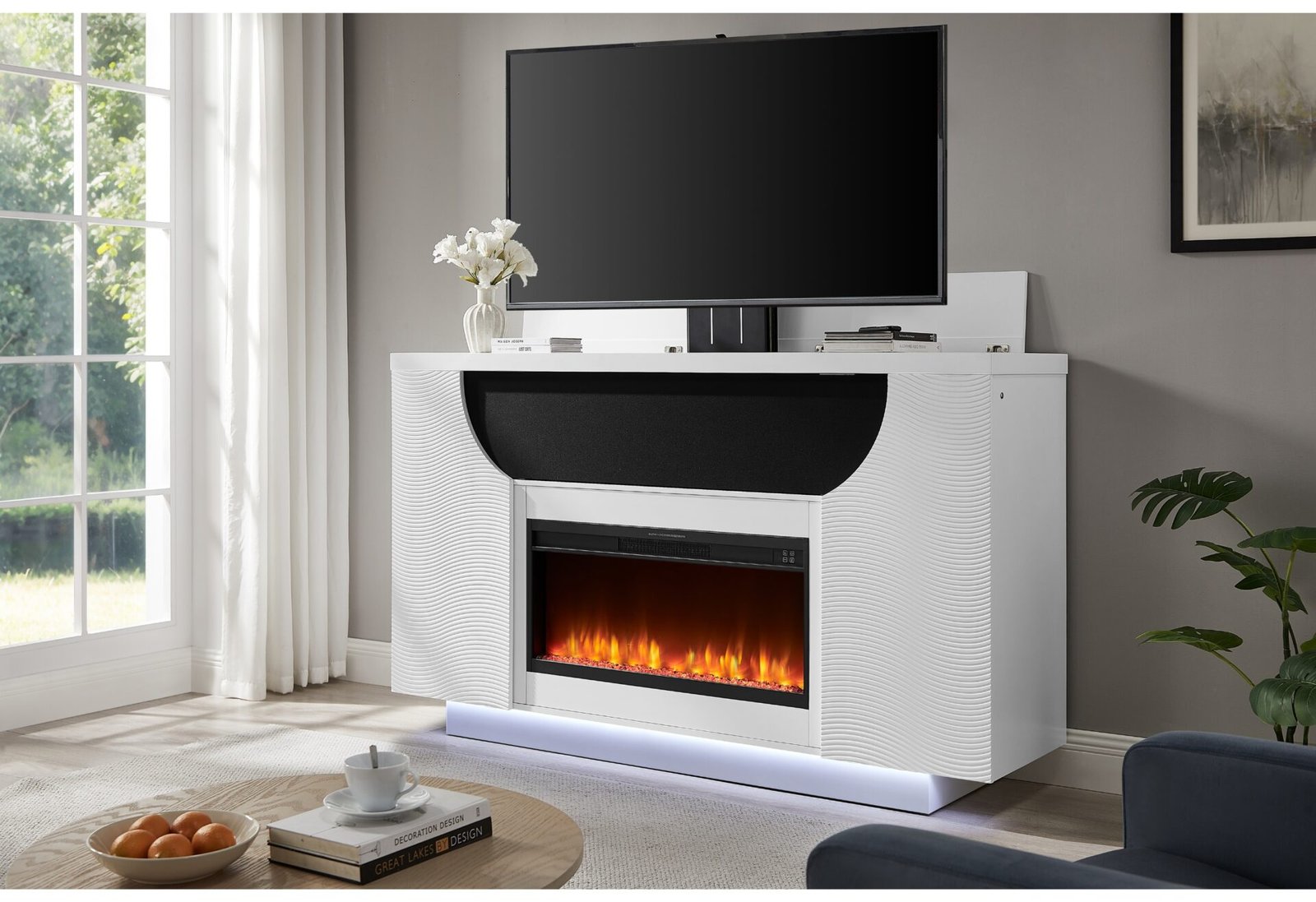 AVEENA WHITE 76″ ENTERTAINMENT UNIT WITH TV, LED, SPEAKERS, CRYSTAL INSERTS AND POP UP CENTER DOORS