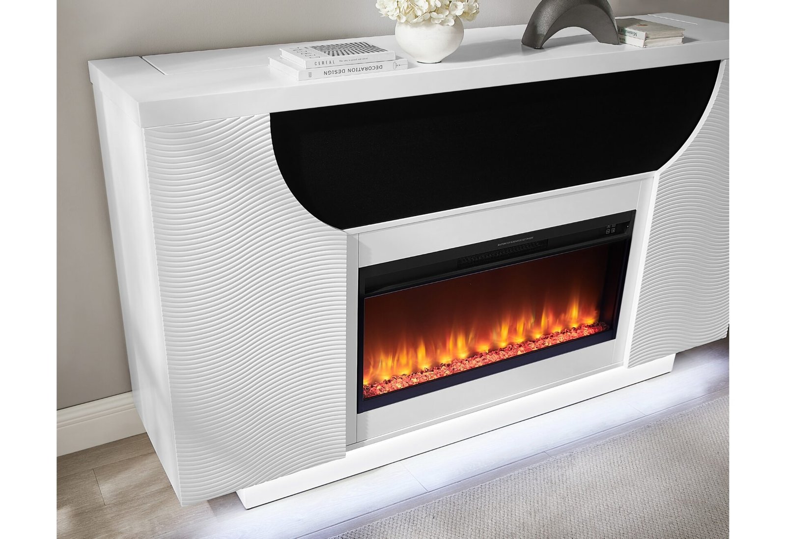 AVEENA WHITE 76″ ENTERTAINMENT UNIT WITH TV, LED, SPEAKERS, CRYSTAL INSERTS AND POP UP CENTER DOORS