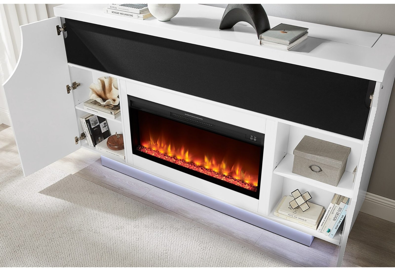 AVEENA WHITE 76″ ENTERTAINMENT UNIT WITH TV, LED, SPEAKERS, CRYSTAL INSERTS AND POP UP CENTER DOORS