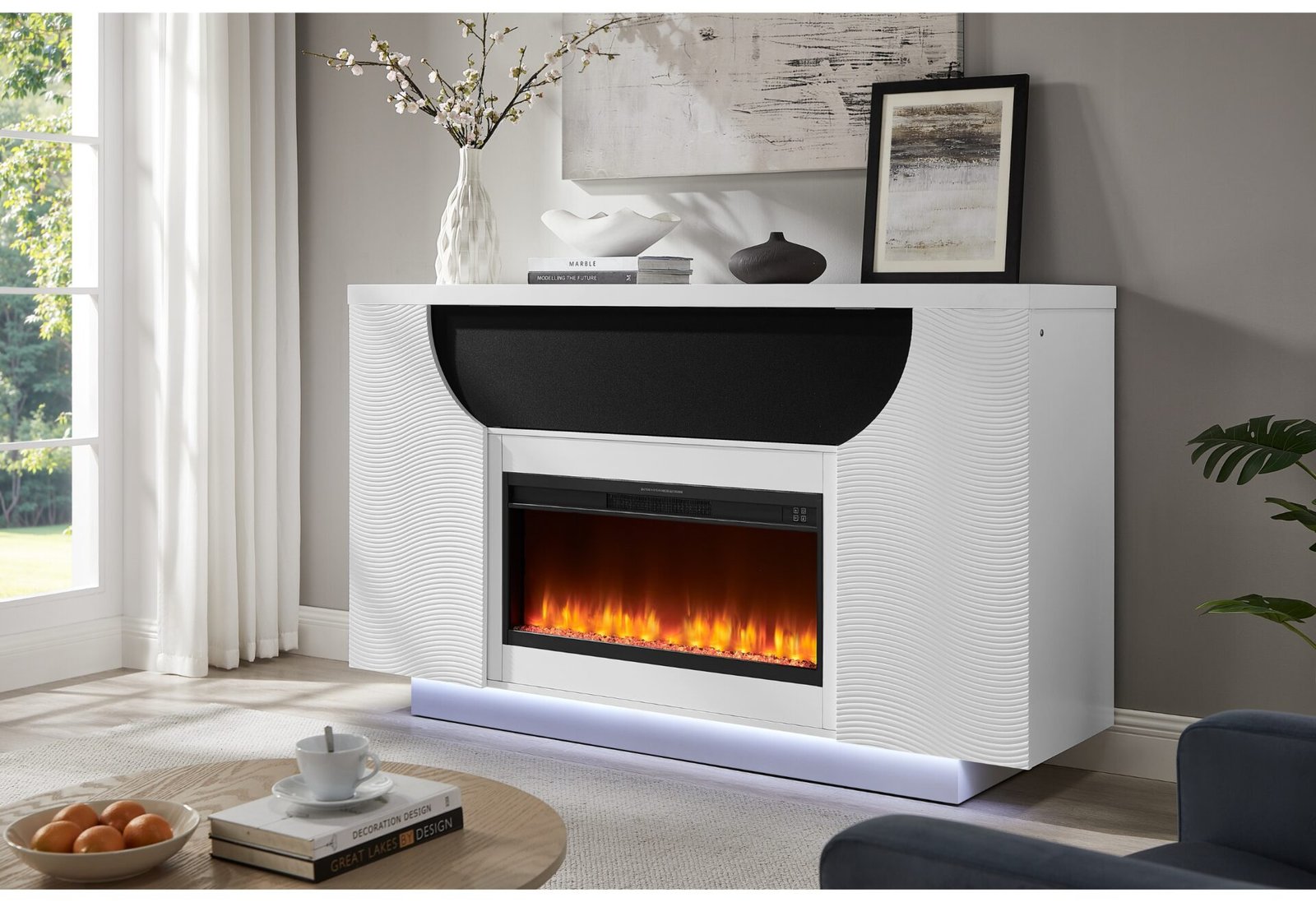 AVEENA WHITE 76″ ENTERTAINMENT UNIT WITH TV, LED, SPEAKERS, CRYSTAL INSERTS AND POP UP CENTER DOORS