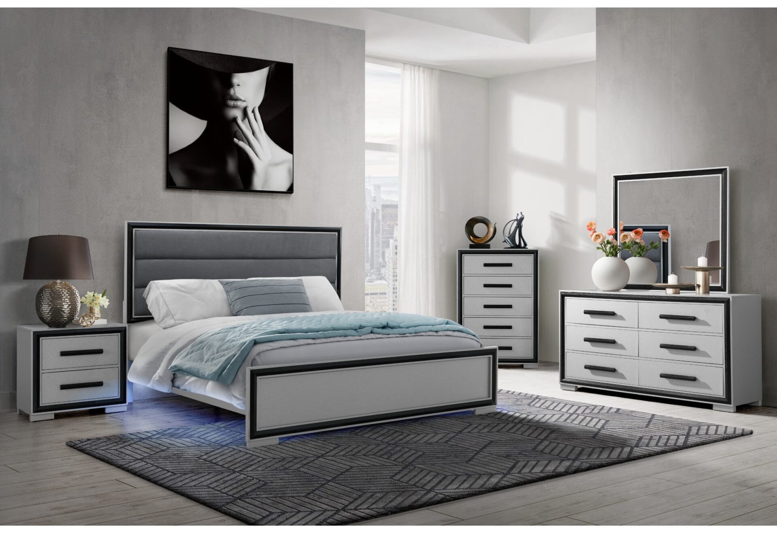 AMELIA GREY/BLACK FULL BED GROUP WITH LED, COOLER AND SPEAKER