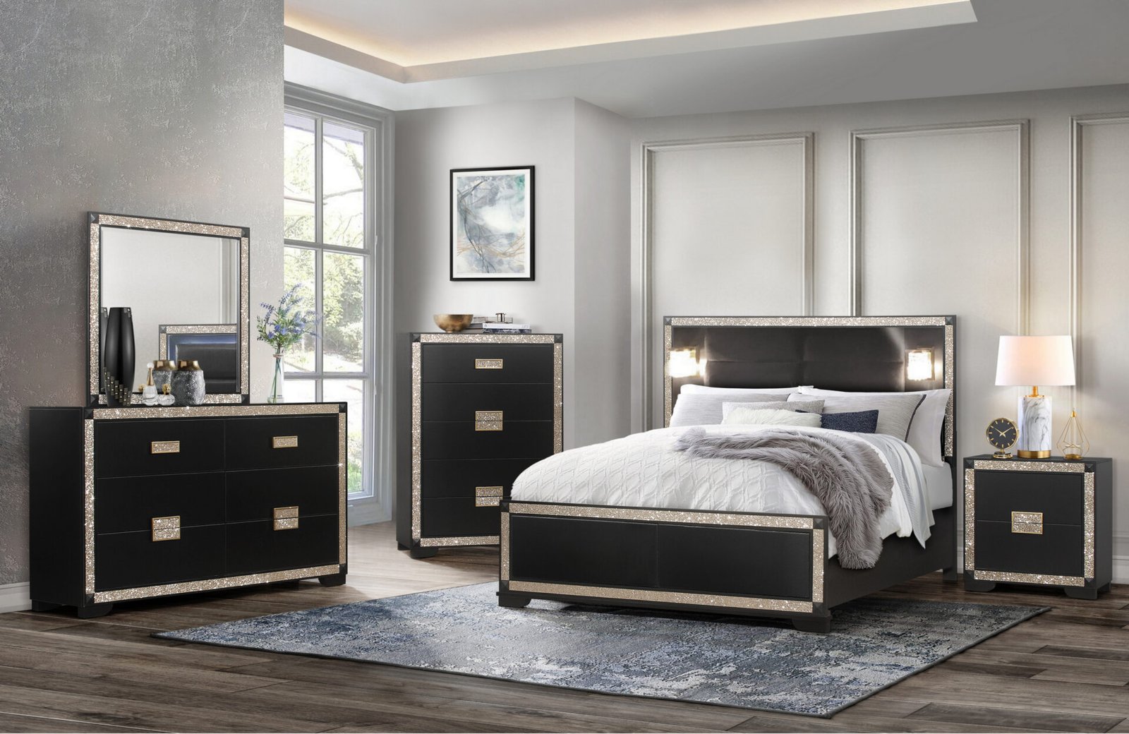 BLAKE BLACK/GOLD KING BED GROUP WITH LAMPS