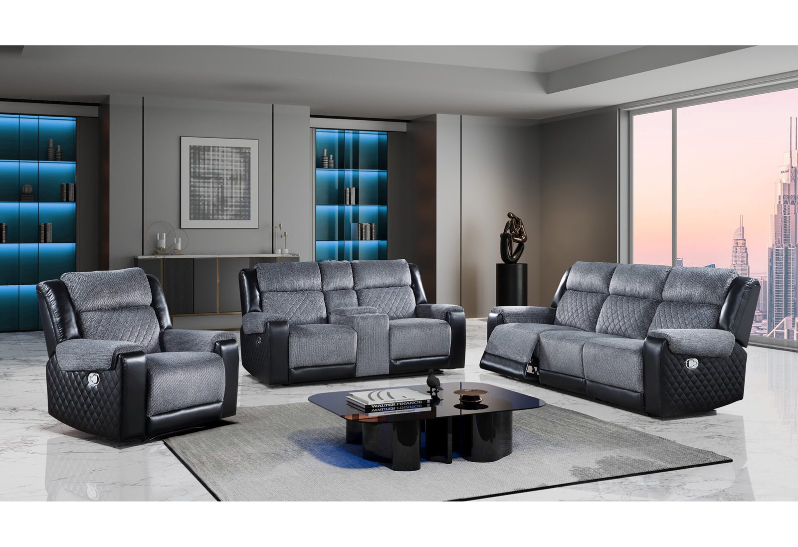 U5914 GREY/BLACK RECLINING SOFA/CONSOLE RECLINING LOVESEAT/RECLINER
